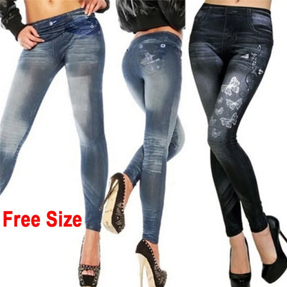 Three pairs of jeans with butterfly designs on a white background, labeled 'Free Size'.
