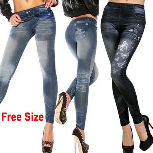 Three pairs of jeans with butterfly designs on a white background, labeled 'Free Size'.