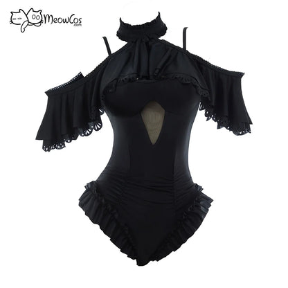 MEOWCOS Damen Gothic Schwarz Viktorianischer Vintage-Stil Neckholder Einteiler Badeanzug mit Neckholder Rüschen-Tuch Bademode