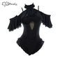 MEOWCOS Damen Gothic Schwarz Viktorianischer Vintage-Stil Neckholder Einteiler Badeanzug mit Neckholder Rüschen-Tuch Bademode