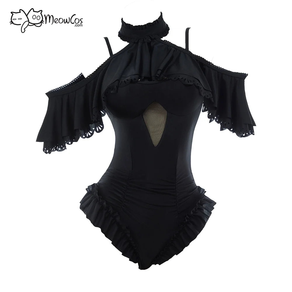 MEOWCOS Damen Gothic Schwarz Viktorianischer Vintage-Stil Neckholder Einteiler Badeanzug mit Neckholder Rüschen-Tuch Bademode