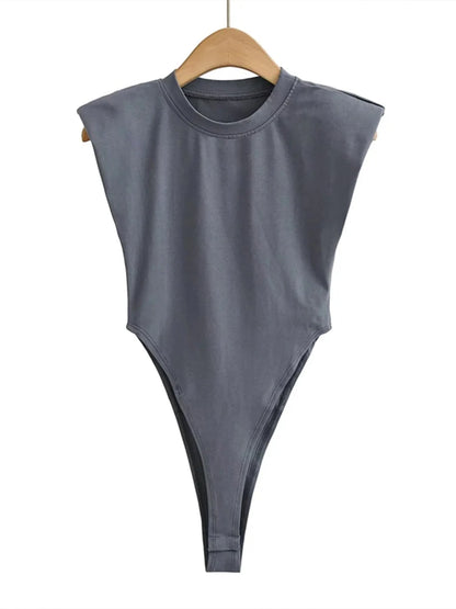 Sexy Oberteile Damen Sommer-Einteiler Bodycon Bodysuit gepolsterter Schulter-Bodysuit schwarze ärmellose Bodys für Damen weiß