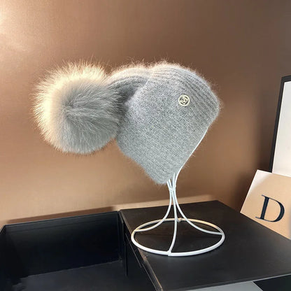 Echte Fuchspelz-Bommelmützen für Damen Winter Outdoor Warme Strickmützen Mode M-Buchstabe Kaninchen gestrickt Dicke Mütze Weihnachten