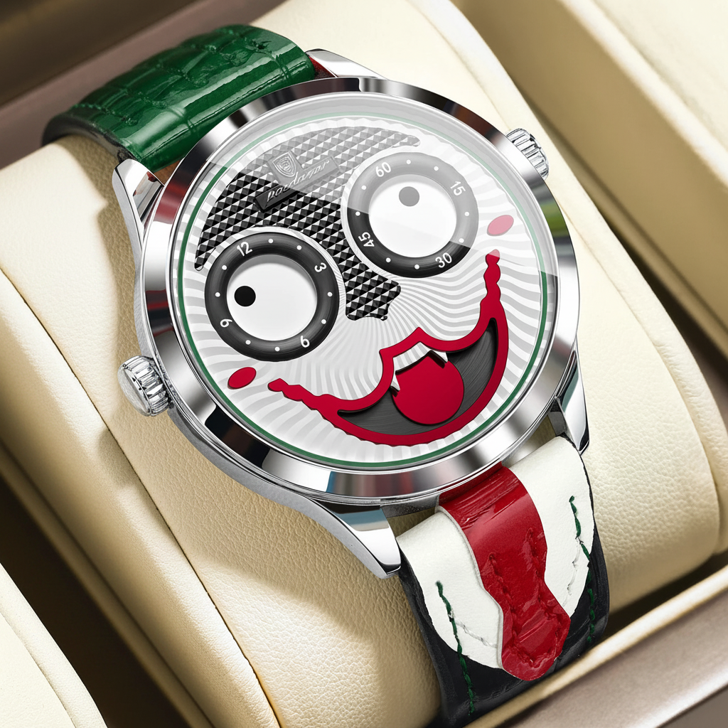 Wristwatch with a unique face design on the dial, green strap, and red accents.