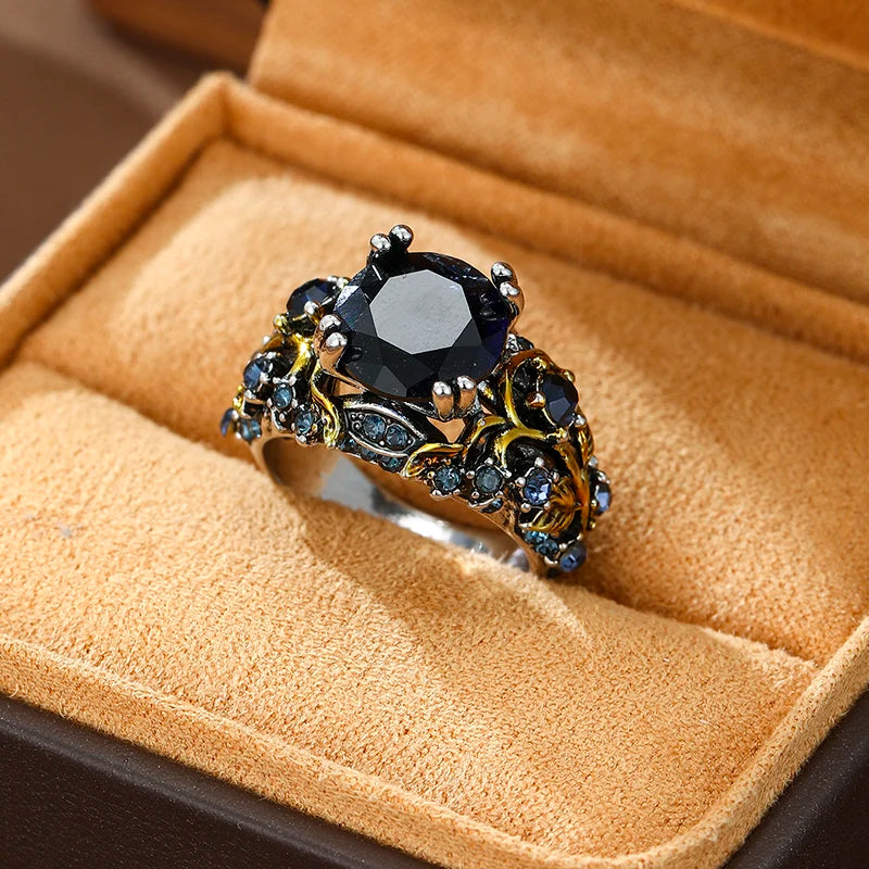 Retro and Trendy Blue Color Inlaid Zircon Leaf Women's Ring, Luxurious and Fashionable Banquet Party Accessories, Jewelry Gifts