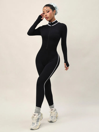 One-piece yoga wear, women's autumn and winter stand-up collar long-sleeved fitness wear, slimming zipper sports one-piece suit