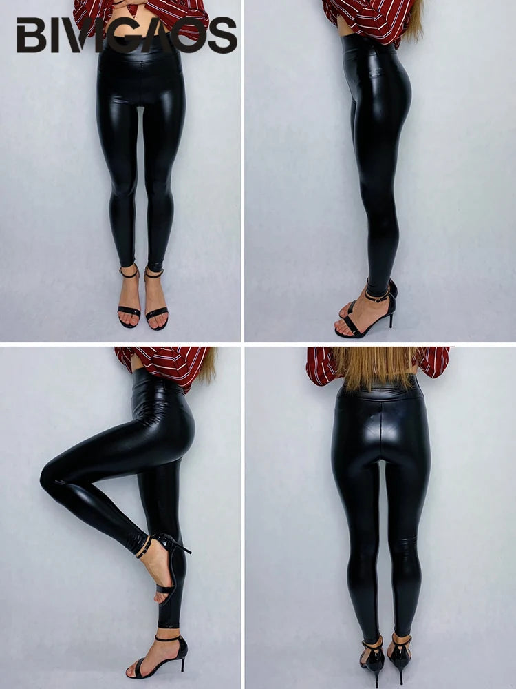 Black leather leggings worn by a model on a white background with 'BIVIAGOS' branding.