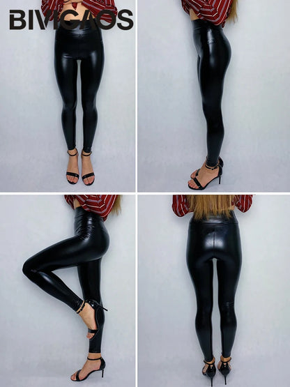 Black leather leggings worn by a model on a white background with 'BIVIAGOS' branding.
