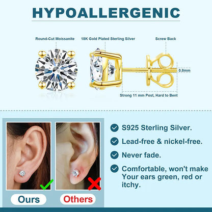 TUHE Unisex Classic Round Moissanite Earrings 925 Silver  For Women  D Color VVS1 Moissanite Round Earrings Fine Jewelry