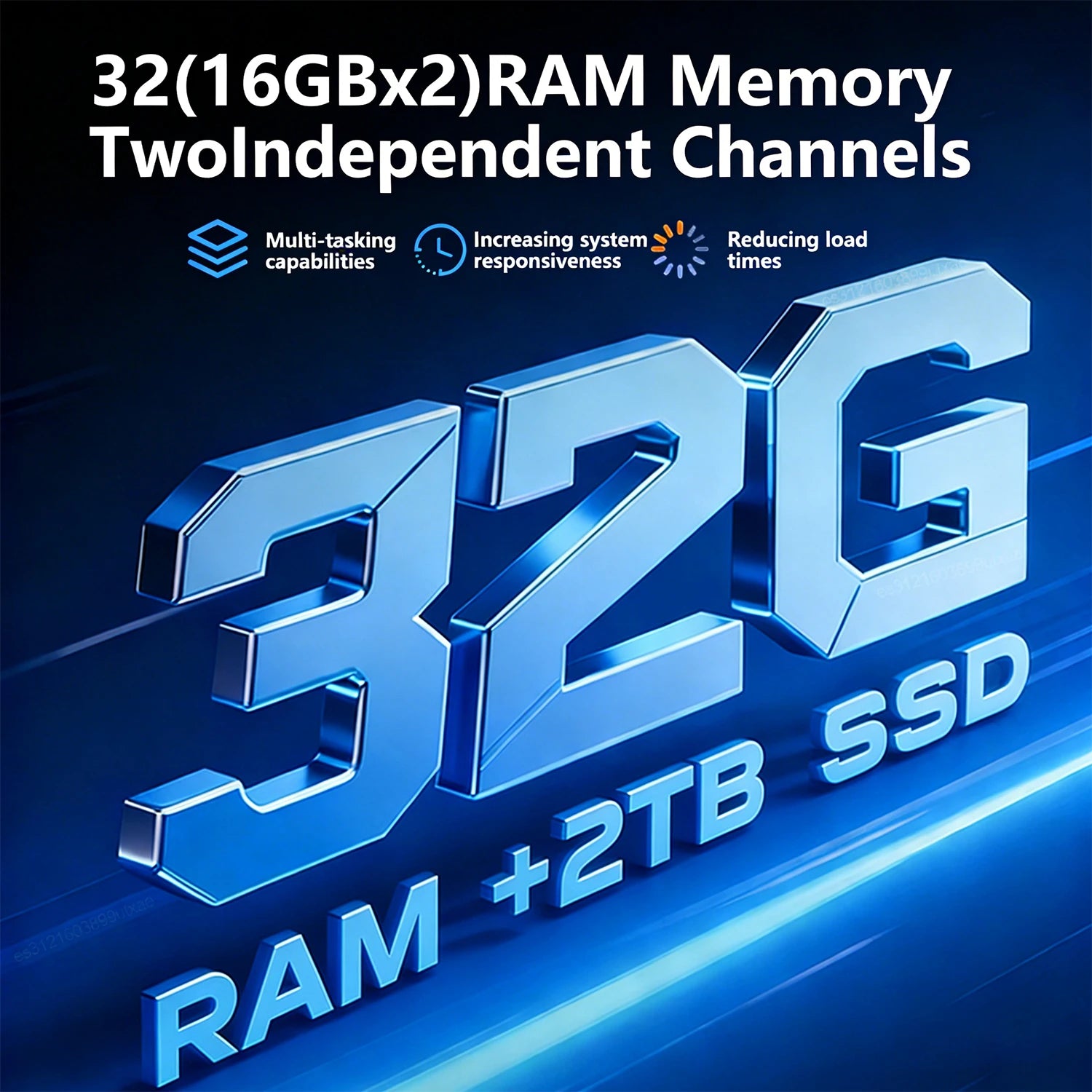Advertisement for 32GB RAM and 2TB SSD with text on a blue background