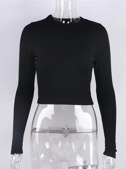 O Neck Long Sleeve Shirt Women Ribbed Sexy Cropped Tops 2024 Spring Black Casual Skinny Slim Basic Woman T Shirts White
