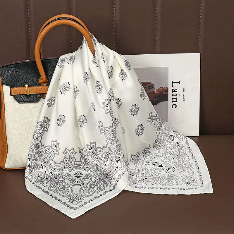 Luxury Print Satin Silk Square Scarf for Women Shawl Hijab Neckerchief Female Hair Ribbon Headband Fashion Wrap Bandana 2023 New