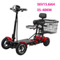 Three-wheeled electric scooter with a basket and seat on a white background, featuring battery details.