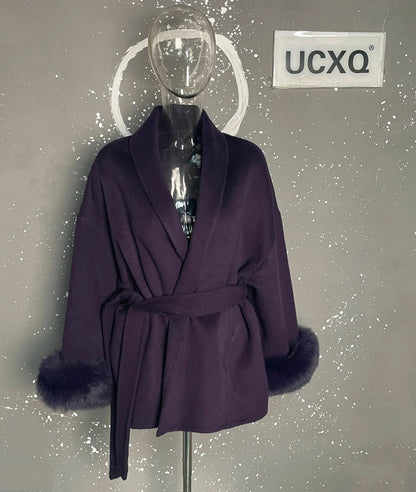 UCXQ Eleganter OL Business-Mantel Pelz-Patchwork Langarm Wollmantel Schöne Damenbekleidung Jacke Herbst 2025 Winter