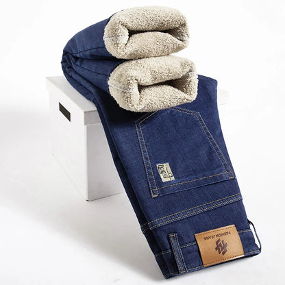 Men Jeans Winter Lamb Fluff Denim Straight Pants Thicken Big Size Jean High Waist Stretch Jeansy Fleece Lined Warm Slim Vaqueros