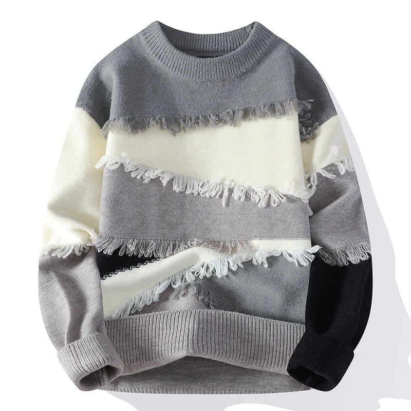 Patchwork Fringe Knit Pullover | Round Sweater