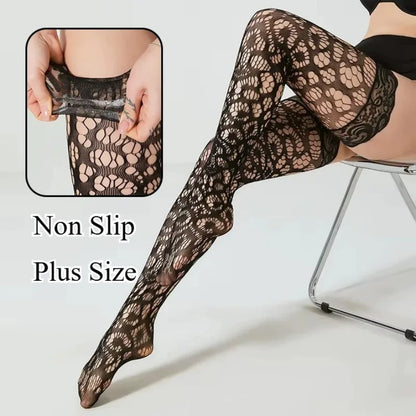 Black lace tights with a close-up of the non-slip sole on a white background
