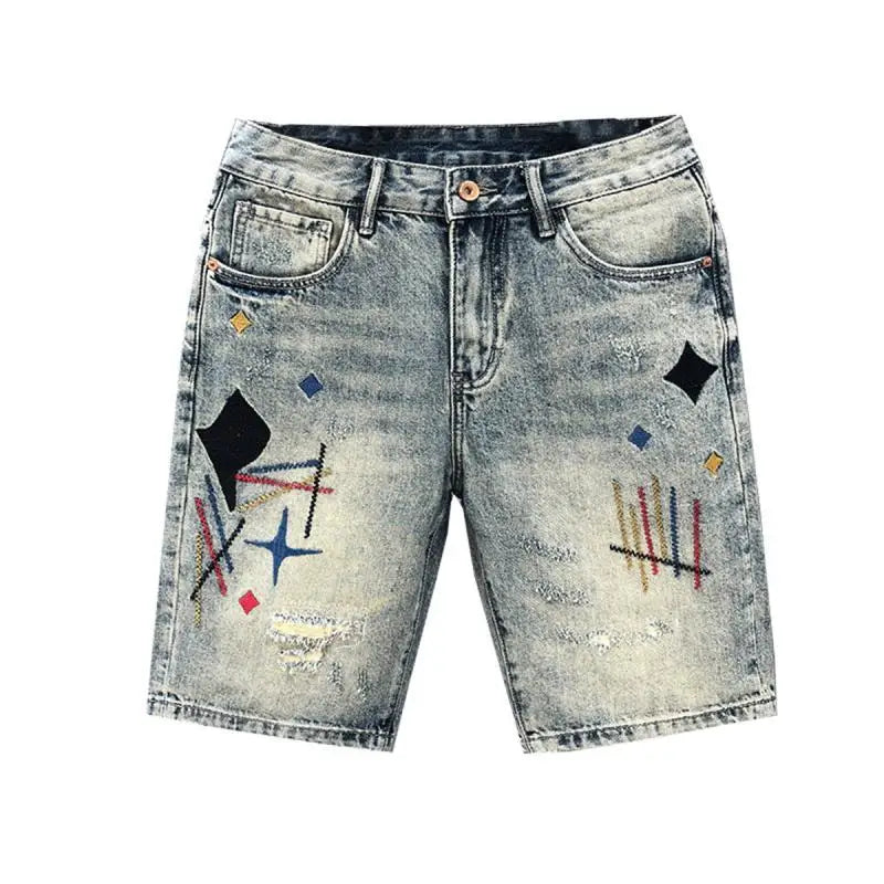 Men's Luxury Embroidered Ripped Denim Shorts – Summer