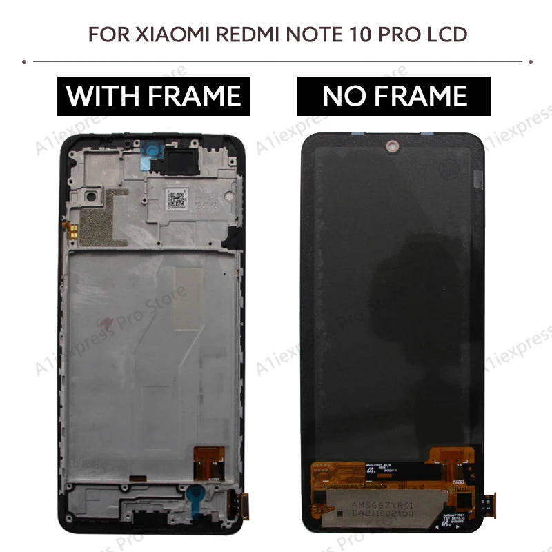 Xiaomi Redmi Note 10 Pro LCD display with and without frame on a white background