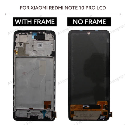 Xiaomi Redmi Note 10 Pro LCD display with and without frame on a white background