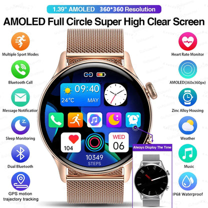 Smartwatch with AMOLED display and various features on a white background