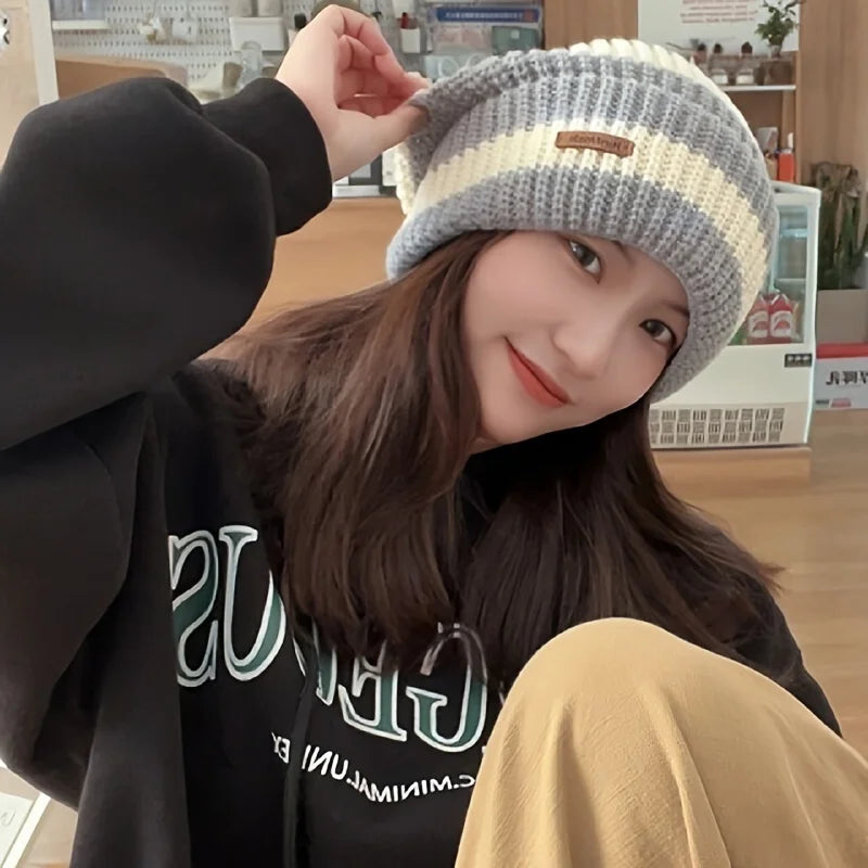 Korean Fashion Striped Knitted Hat Trend Lightweight Hat For Men Women Warm Windproof Autumn Winter Suitable For Outdoor Cycling