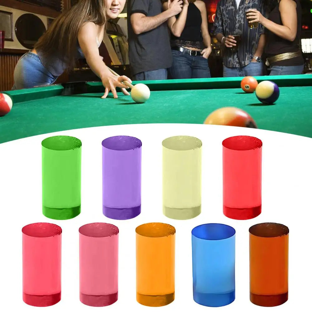 Colorful plastic cups on a white background with a pool table and people in the background.