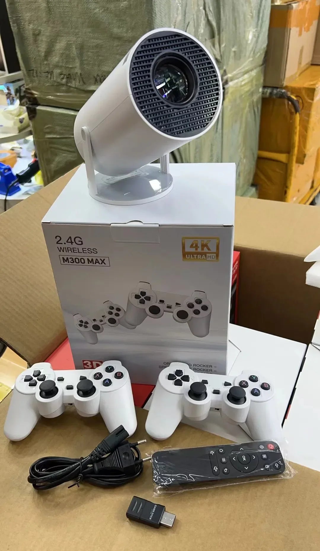 2025 M300 MAX Retro game consoles Android 11 Portable 3D game Projector with Two Handle RK3326 1080p BT5.4 4K Smart Home Theater