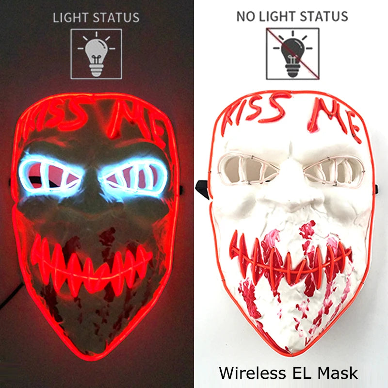 Drahtlose Neon-LED-Reinigungsmaske, im Dunkeln leuchtende Cosplay-Horrormaske, Halloween-Maskerade-Partymasken, leuchtende, lustige Verkleidung