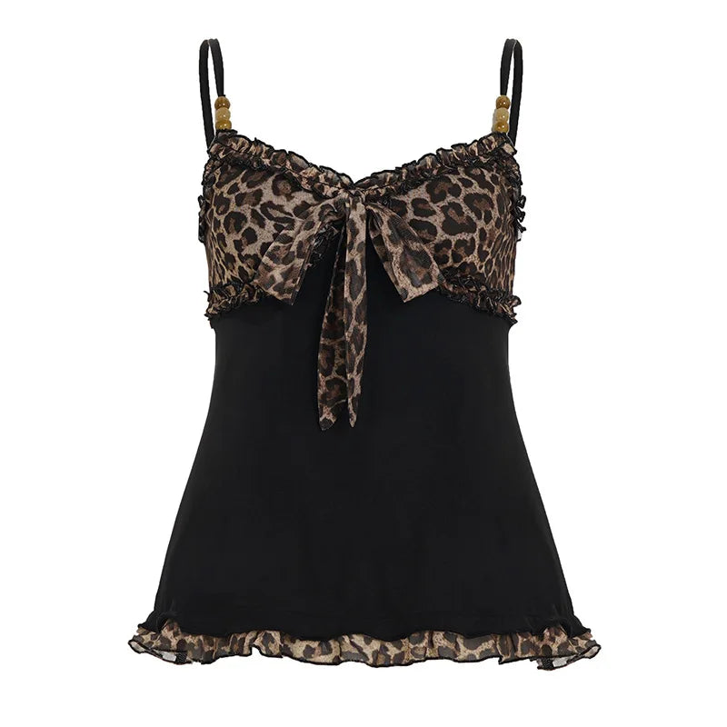 Black nightgown with leopard print trim on a white background