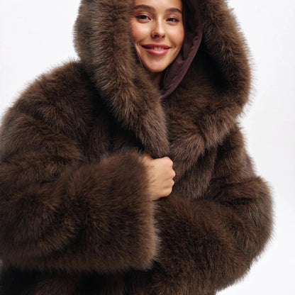 Women Faux Fur Short Coats Solid Hooded Jackets Long Sleeves Covered Button Thick Straight Office Lady Casual 2025 Autumn Winter