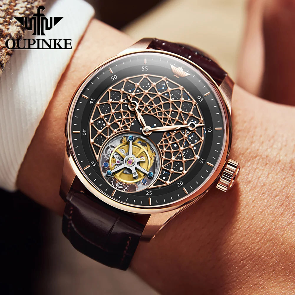 OUPINKE Watch Tourbillon Fully Automatic Mechanical Watch 50M Waterproof Sapphire Mirror Watches