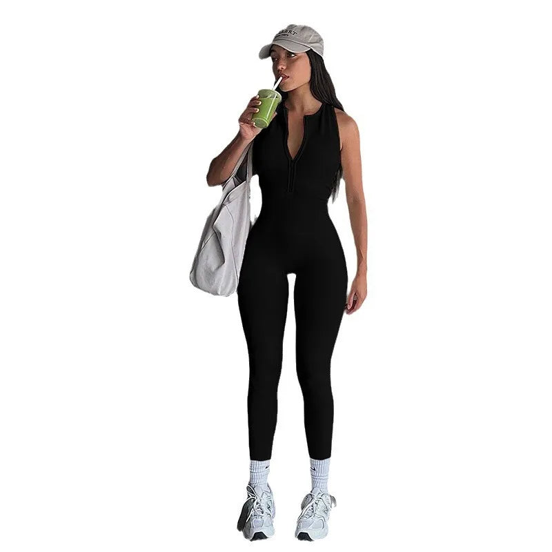 Fashion style sportswear women's solid color yoga pants zipper splicing hollow out backless tight fitting sleeveless jumpsuit