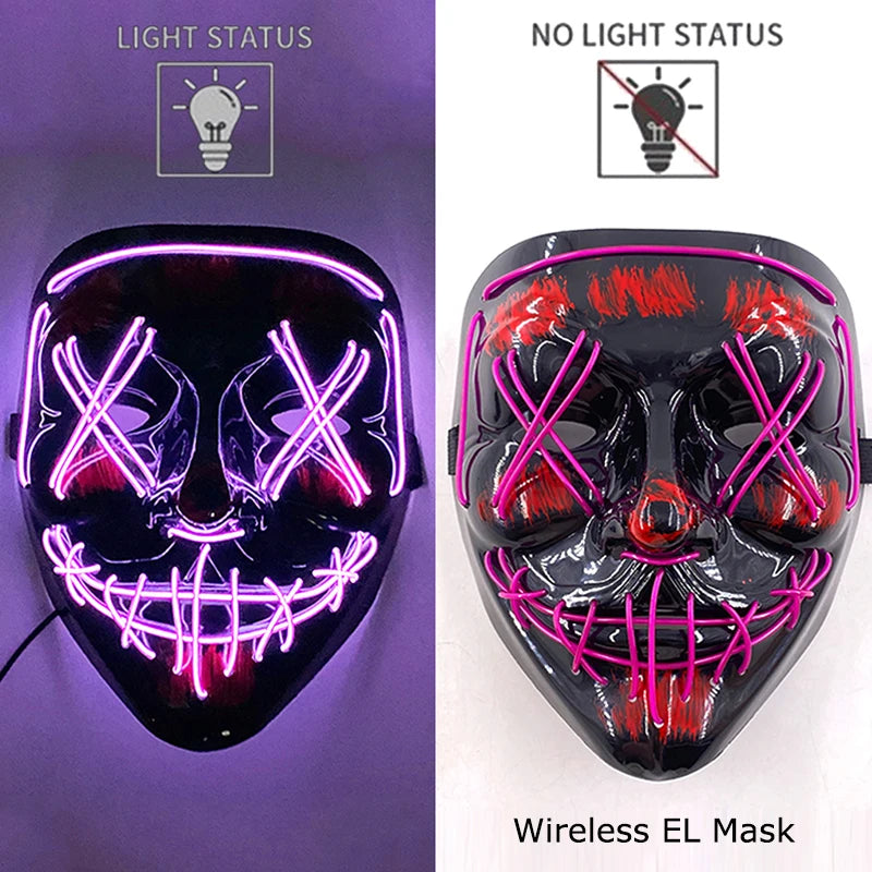 Drahtlose Neon-LED-Reinigungsmaske, im Dunkeln leuchtende Cosplay-Horrormaske, Halloween-Maskerade-Partymasken, leuchtende, lustige Verkleidung