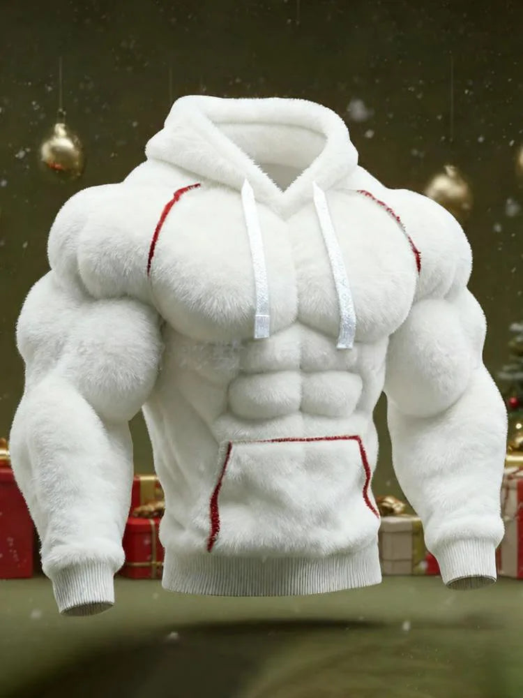 Men's Casual Sports Hoodie Fleece Lined Chest Muscle Print Long Sleeve Loose Fit Polyester Fiber Digital Print Hooded Sweatshirt