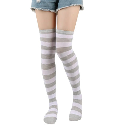 1 Paar stylische knielange JK-Socken, Damen-Streifensocken, hohe Socken, Mädchen-Oberschenkel-Socken. Mehrfarbige gestreifte niedliche Socken