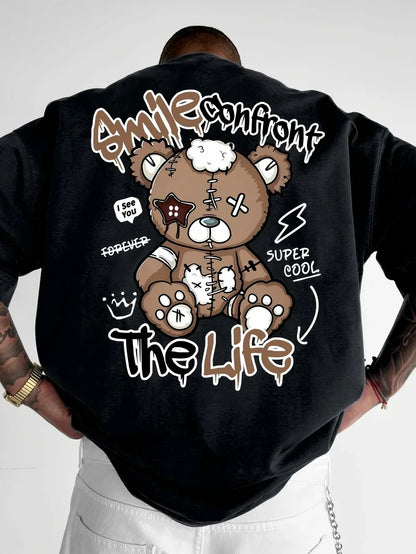 Summer's new fashionable men's Teddy bear letter printed comfortable and breathable neck T-shirt with outdoor high street top