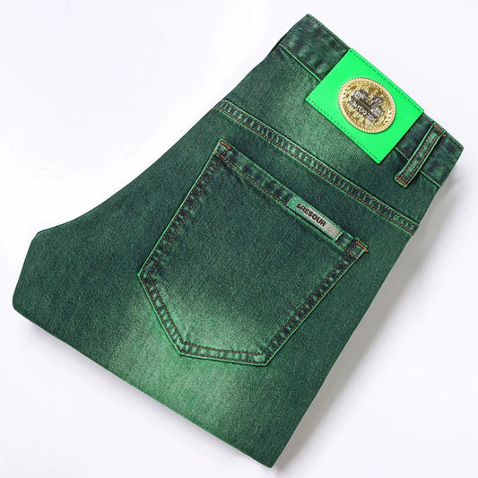 Smaragdgrüne Jeans High-End Stickerei Slim Straight Denim-Hose
