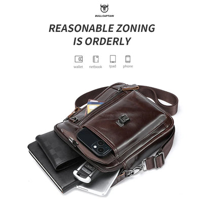 BULLCAPTAIN Herren Umhängetasche aus echtem Leder, lässige Alltagstasche, Schultertasche für Arbeit oder Reisen, Umhängetasche, sichere Reisetasche