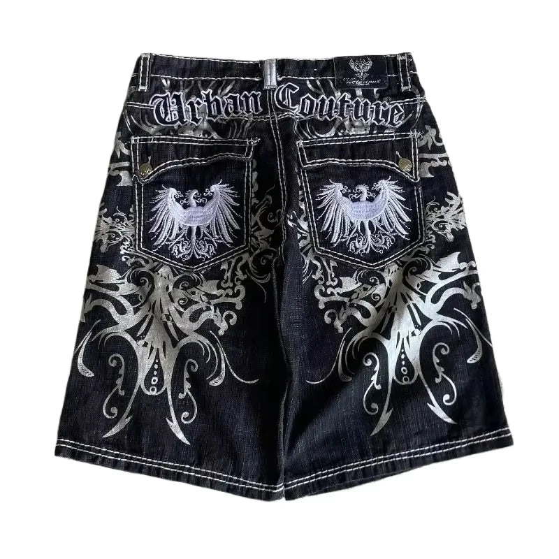 Amerikanische Retro Gothic Damen Denim Shorts Muster Stickerei Loose Unisex Shorts Y2K Printing Korean Casual Fashion Paar Shorts
