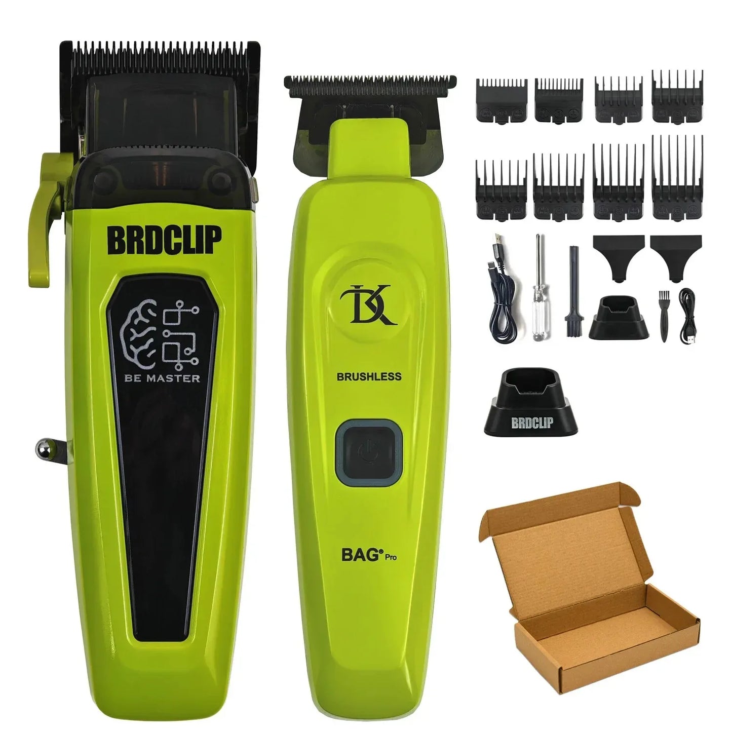 Green hair trimmer set with attachments and BRDCLIP branding on a white background