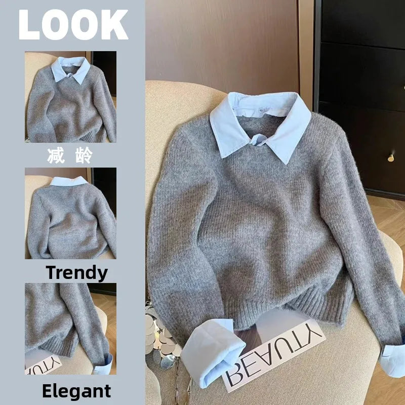 Loose irt Collar Sweater Women's Autumn Winter Faion Casual Color Blo Fake Two-Piece Knitwear Design Sweet Sle  C...