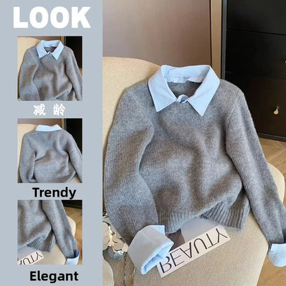 Loose irt Collar Sweater Women's Autumn Winter Faion Casual Color Blo Fake Two-Piece Knitwear Design Sweet Sle  C...