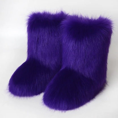 Women's Winter Snow Boots Outdoor Luxury Furry Faux Fox Fur Boots Woman Plush Warm Platform Shoes New Fashion Bottes Big Size 46