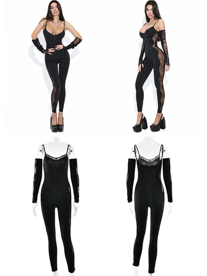 Black lace jumpsuit with long sleeves and sheer panels on a white background