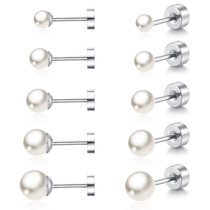 2pcs Simple Imitation Pearl Stud Earrings For Women Girls Stainless Steel Screw Back Pierced Studs Jewelry Gifts