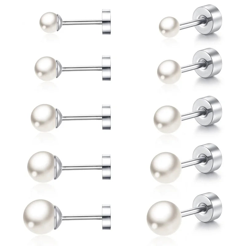 2pcs Simple Imitation Pearl Stud Earrings For Women Girls Stainless Steel Screw Back Pierced Studs Jewelry Gifts
