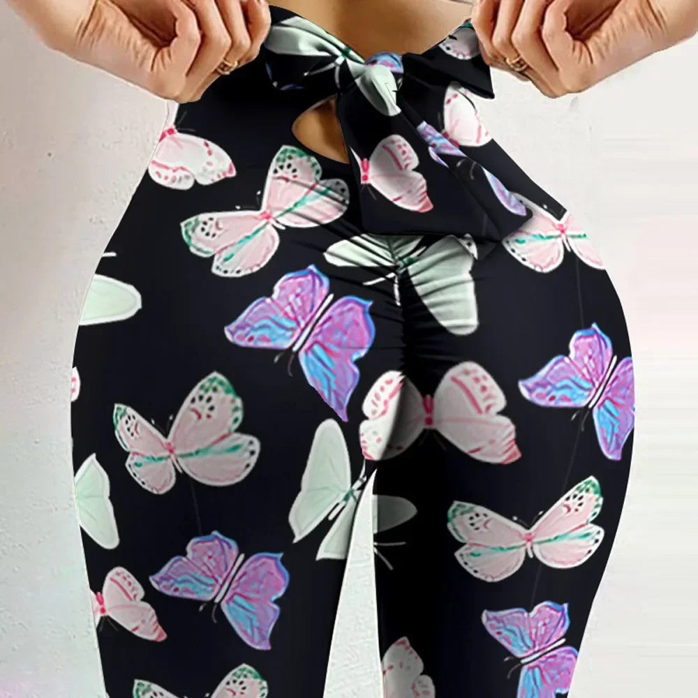 High Waist Sexy Schmetterlingsdruck Leggings Schleife Yoga Hose Schleifen Bandage Tights Damen Po Push-up Sport Fitness Yoga Legging