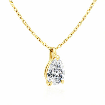 Gold necklace with a pear-shaped diamond pendant on a white background