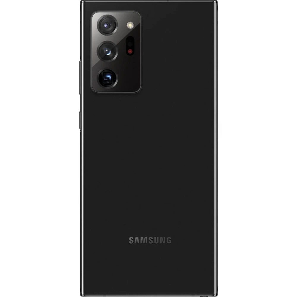 Black Samsung smartphone back view on a white background